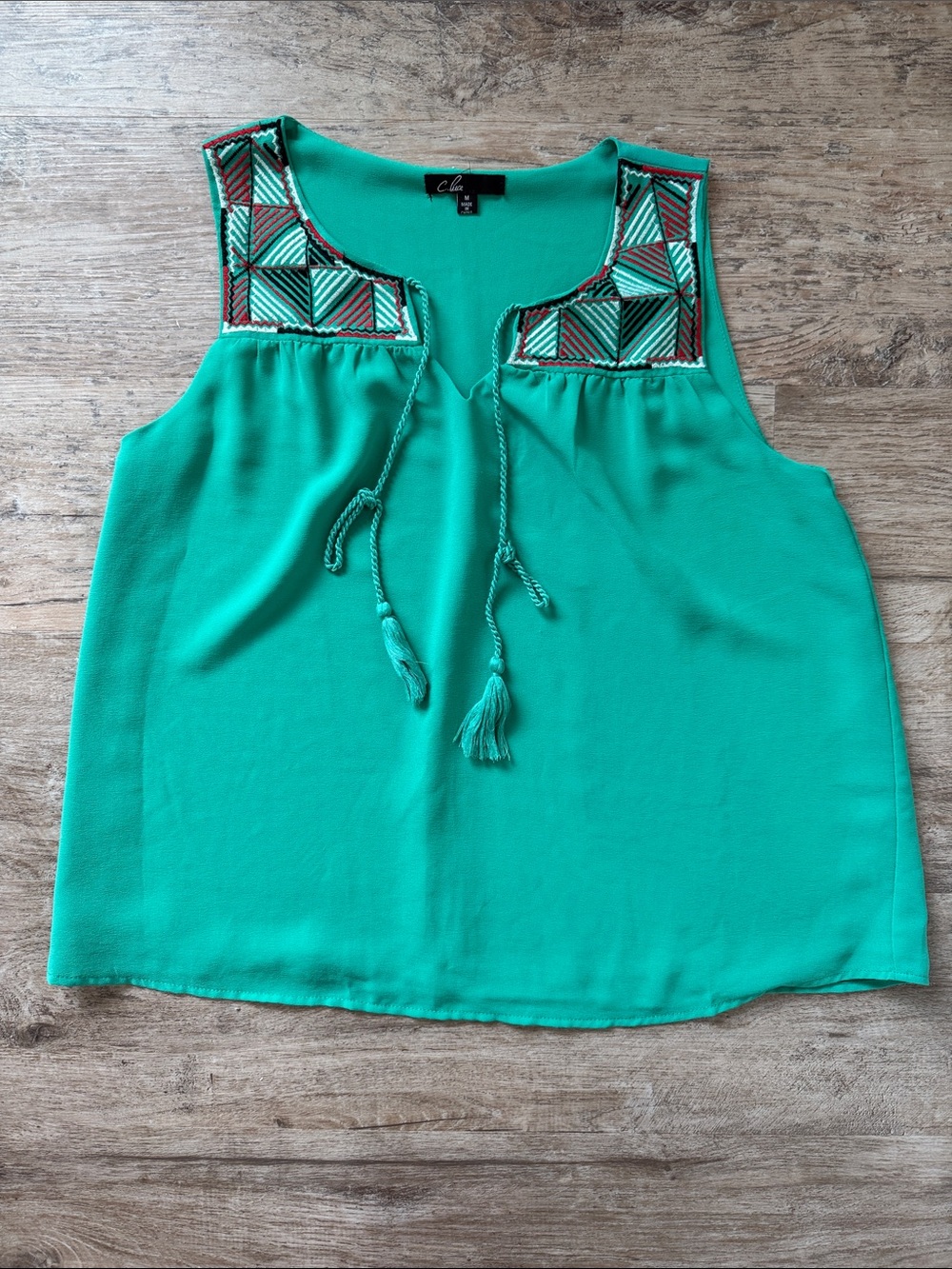 Sleeveless Embroidered Tie-Front Top in Green